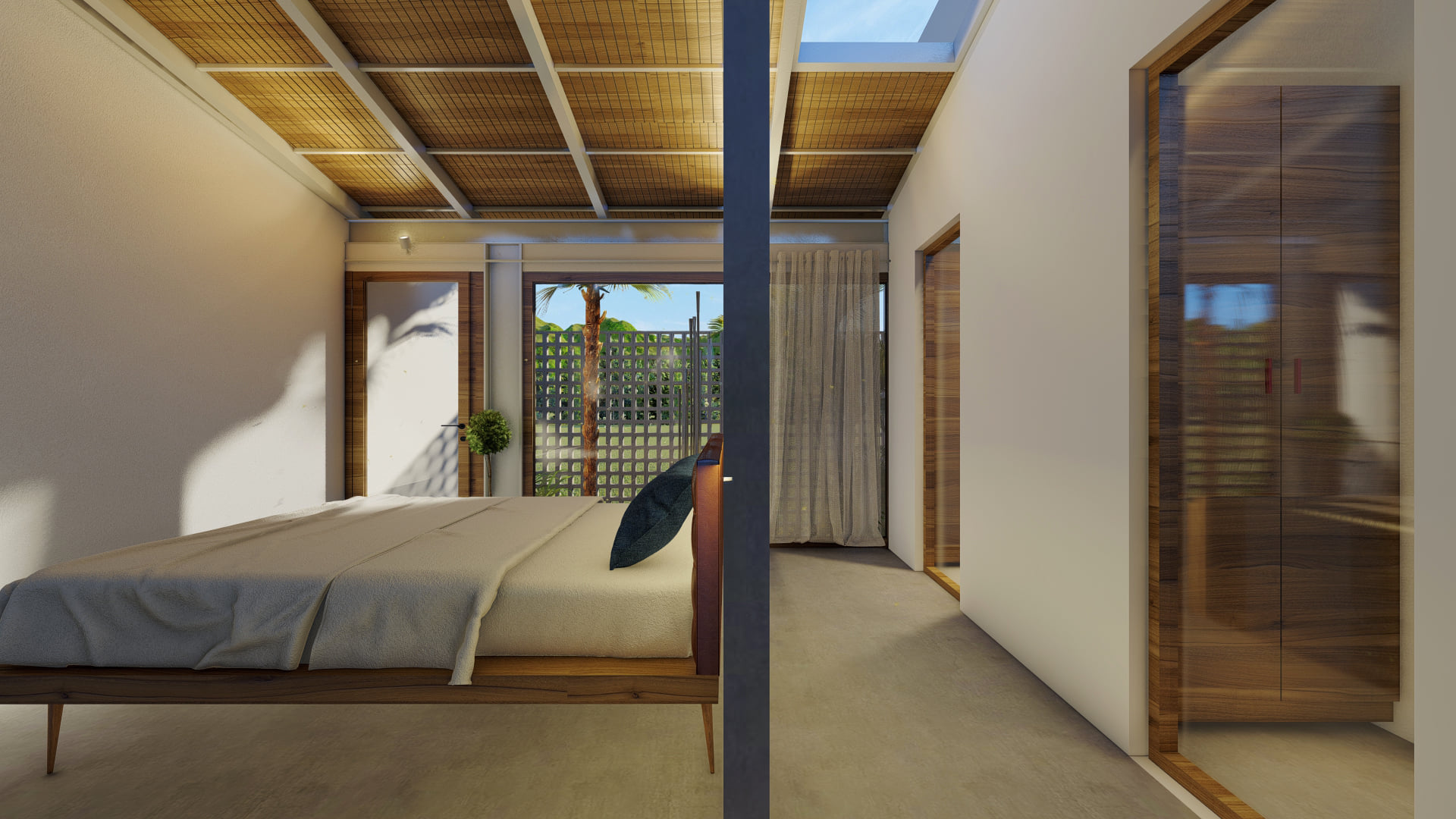 Phòng ngủ được thiết kế đơn giản với nội thất bằng gỗ kết hợp tường kính tạo không gian nghỉ ngơi ấn tượng tinh tế