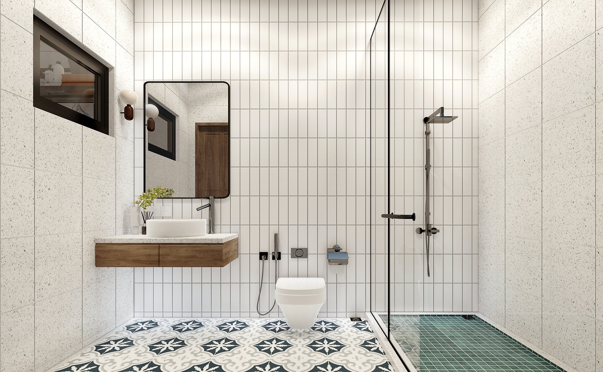 Phòng tắm rộng rãi sử dụng chất liệu màu sắc ấn tượng