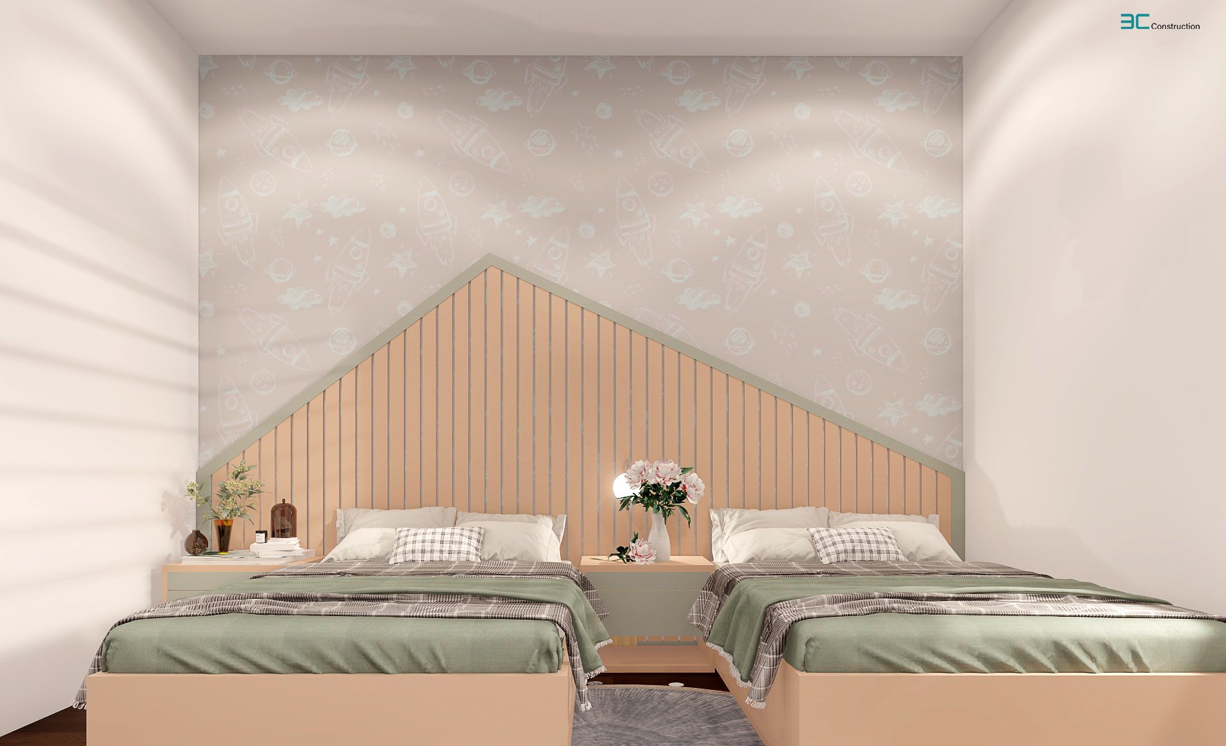 Phòng ngủ cho các con được bố trí ấn tượng với giường đôi thiết kế rộng rãi