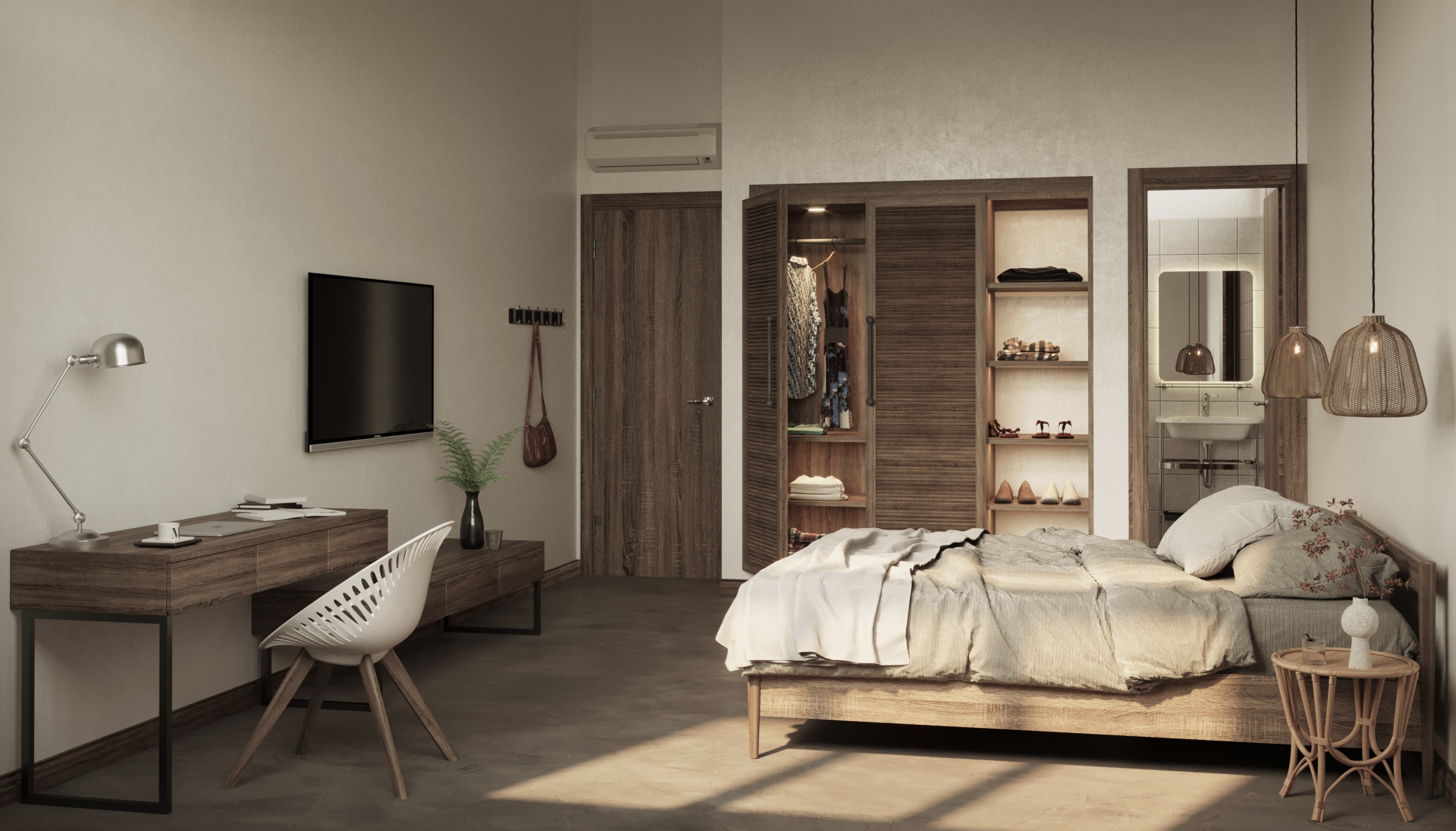 Phòng ngủ với nội thất ứng dụng chất liệu gỗ tự nhiên tông màu trầm tạo không gian ấm áp nhẹ nhàng