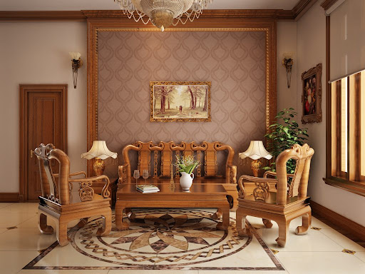 Đồ gỗ nội thất phòng khách gồm bàn ghế, kệ gỗ và kệ ti vi