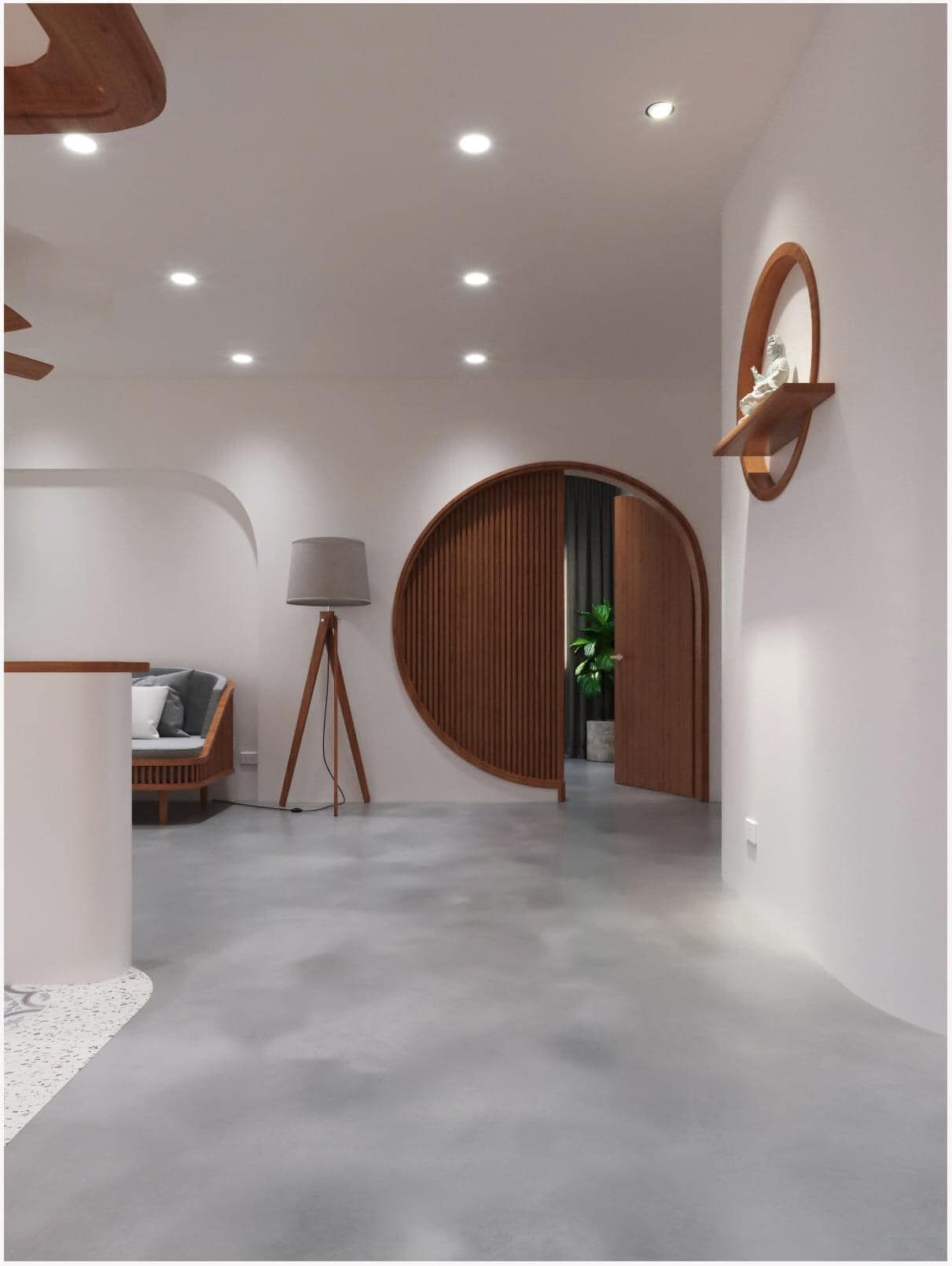 Cửa được thiết kế dạng vòm tinh tế với chất liệu gỗ tự nhiên tông màu trầm nổi bật trên nền sơm trắng