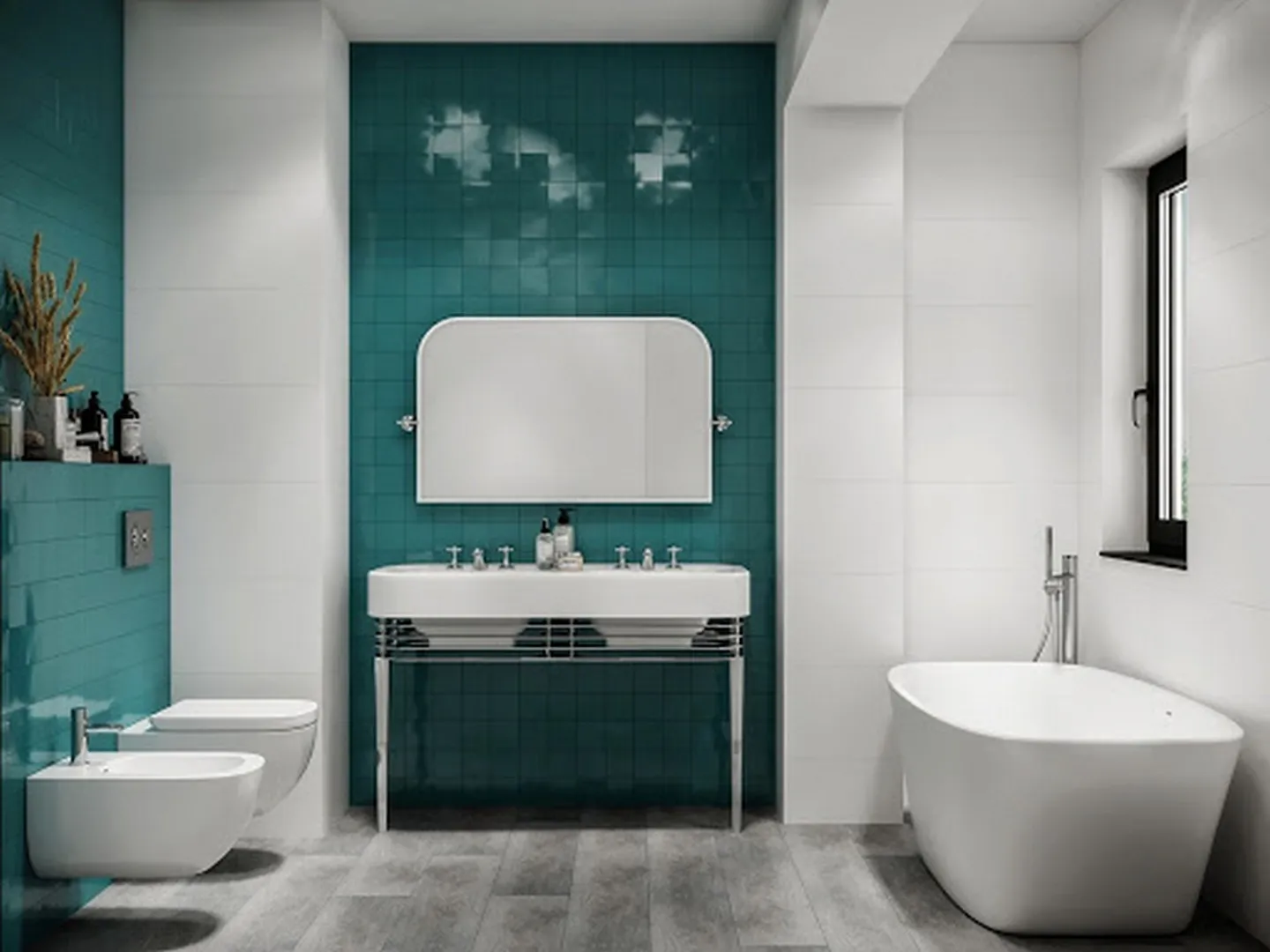 Gạch ốp nhà tắm nhỏ đơn sắc với mảng tường ốp gạch màu trắng và xanh