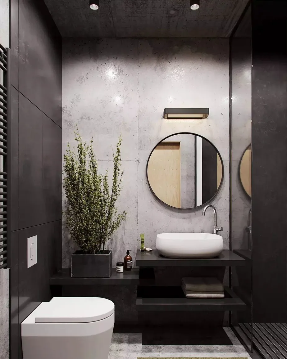 Gạch ốp nhà tắm nhỏ tone màu trung tính với màu đen trang nhã