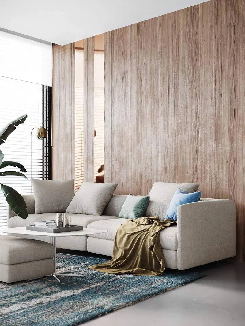 Mẫu phòng khách ốp nhựa PVC phong cách tối giản với vách gỗ