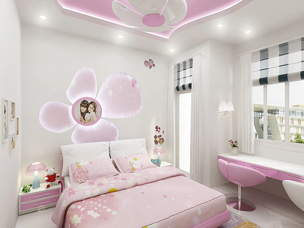 Mẫu phòng ngủ đẹp cho bé gái 15 tuổi tổng hồng trắng