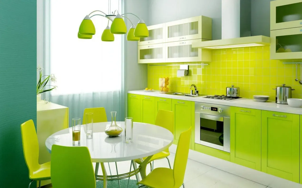 Thiết kế nhà bếp cấp 4 với ánh sáng tự nhiên làm sáng bừng thiết kế với tông màu xanh mới lạ