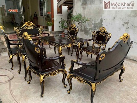 Bộ Bàn Ghế Louis Sơn Thiếp Vàng 9 Món